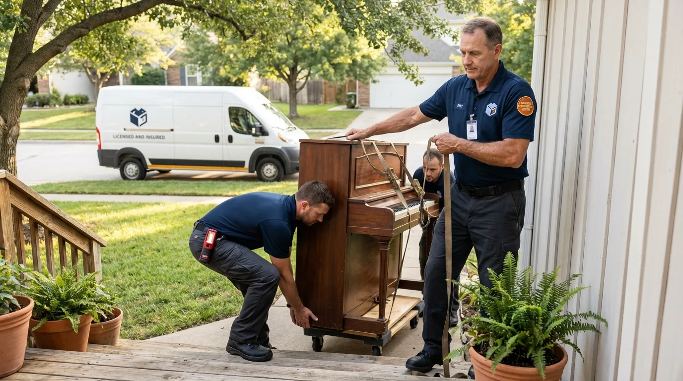 Licensed piano movers securing grand piano in Tahoe Vista, CA