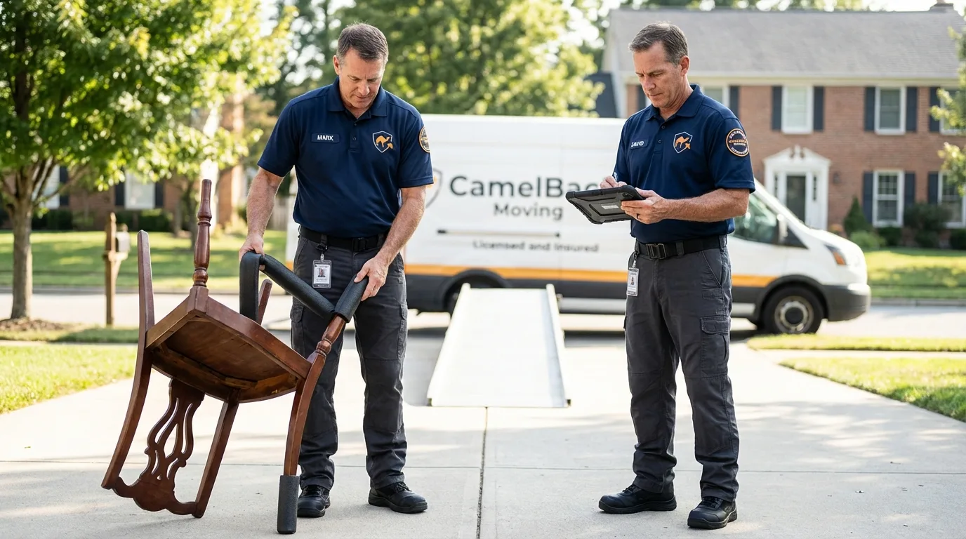 Movers inspecting furniture for damage prevention before loading in Tahoe Vista, CA