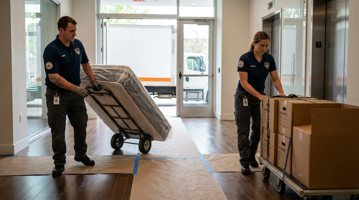 Professional apartment movers loading elevator in Tahoe Vista, CA