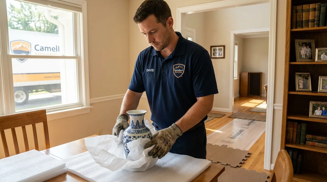 Professional crew carefully wrapping antique vase for senior downsizing move in Tahoe Vista, CA